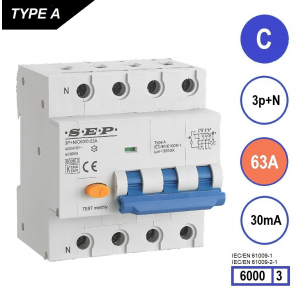 SEP RCM4 Aardlekautom. 3p+n, C63, 30mA, 6kA, Type A, (81mm)