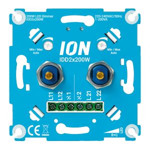 De LED Duo Dimmer van ION INDUSTRIES beschikt over 2 druk-draai knoppen die beiden een eigen groep kunnen schakelen én dimmen. Beiden zijden hebben een vermogen van 0,3 tot 200W.
