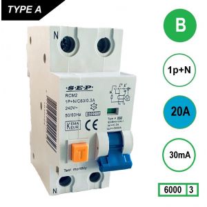 SEP aardlekautomaat / 20A, 30mA, B-kar, 1P+N / RCM2-B20.03