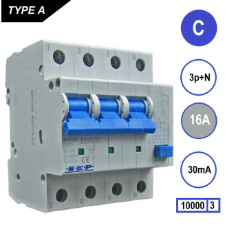 SEP aardlekautomaat / 16A, 30mA, C-kar, 3P+N / SPFI-C16