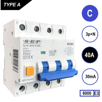 SEP aardlekautomaat / 40A, 30mA, C-kar, 3P+N / RCM4-C40.03