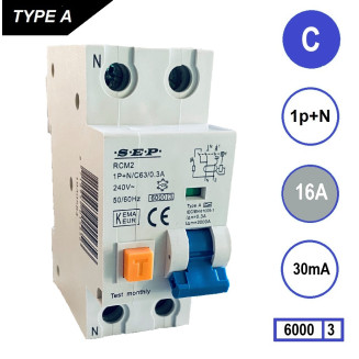 SEP aardlekautomaat / 16A, 30mA, C-kar, 1P+N / RCM2-C16.03