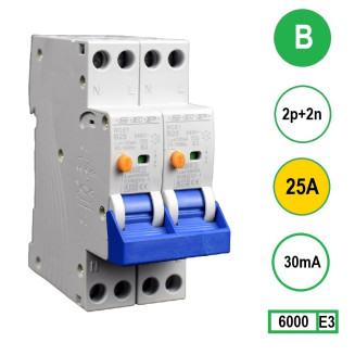 SEP aardlekautomaat / 25A, 30mA, B-kar, 2P+2N (36mm) / RCE1-2N-B25