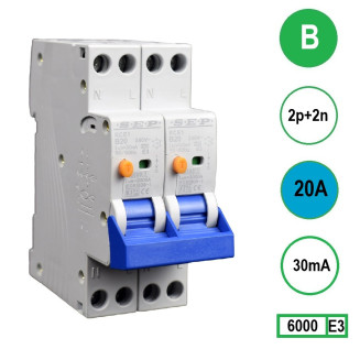 SEP aardlekautomaat / 20A, 30mA, B-kar, 2P+2N (36mm) / RCE1-2N-B20