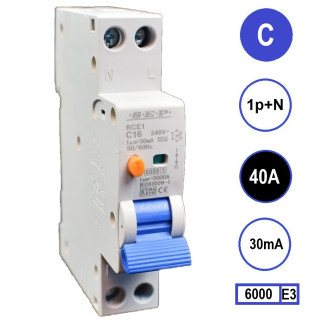 SEP aardlekautomaat / 40A, 30mA, C-kar, 1P+N (18mm) / RCE1-1NC40