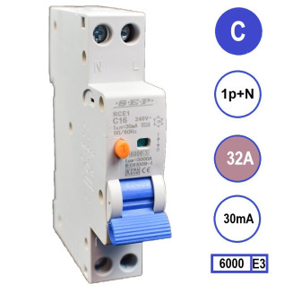 SEP aardlekautomaat / 32A, 30mA, C-kar, 1P+N (18mm) / RCE1-1NC32