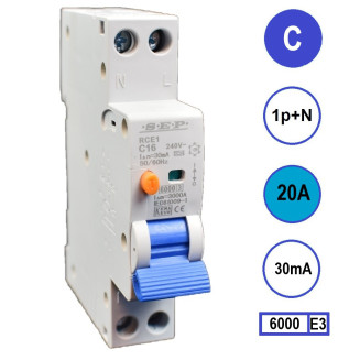 SEP aardlekautomaat / 20A, 30mA, C-kar, 1P+N (18mm) / RCE1-1NC20