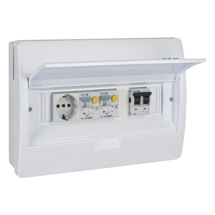 Eaton PV-verdeler met hoofdschakelaar 40A, 2-polig, 2 aardlekautomaten 16A, 30mA, B-kar, 1P+N en wandcontactdoos / PV-A-20G14-H-1CD / 2101000