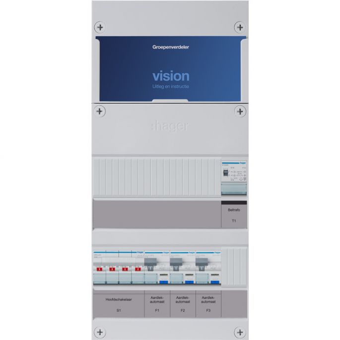 Hager groepenkast, 3 fase met 3 aardlekautomaten en beltrafo, alt. voor VKG030K-T