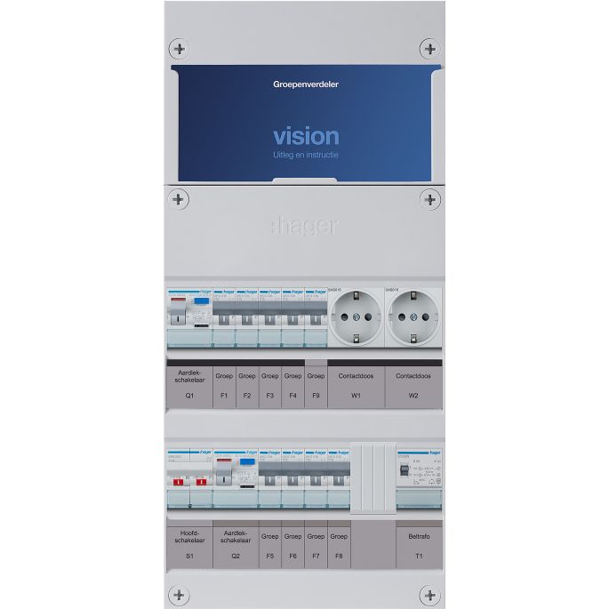 Groepenkast Hager | 9 Groepen 8 x Lichtgroepen 1 x Directe eindgroep 1 x Beltransformator 2 x Wandcontactdozen | 1 Fase | VKG44E-GTWW