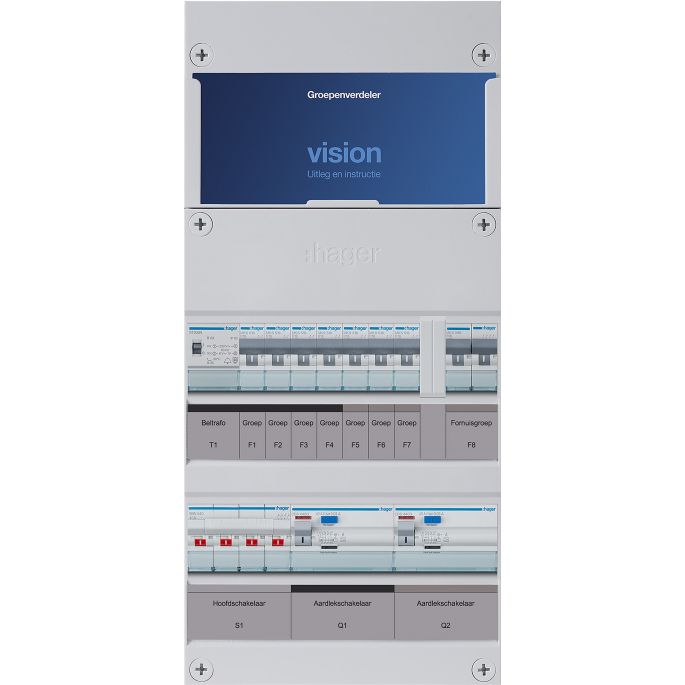 Groepenkast Hager | 8 Groepen 7 x Lichtgroepen 1 x Beltransformator 1 x Fornuisgroep | 3 Fase | VKG43L-TV