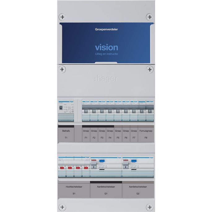 Groepenkast Hager | 8 Groepen 7 x Lichtgroepen 1 x Fornuisgroep 1 x Beltransformator | 3 Fase | VKG43L-FT