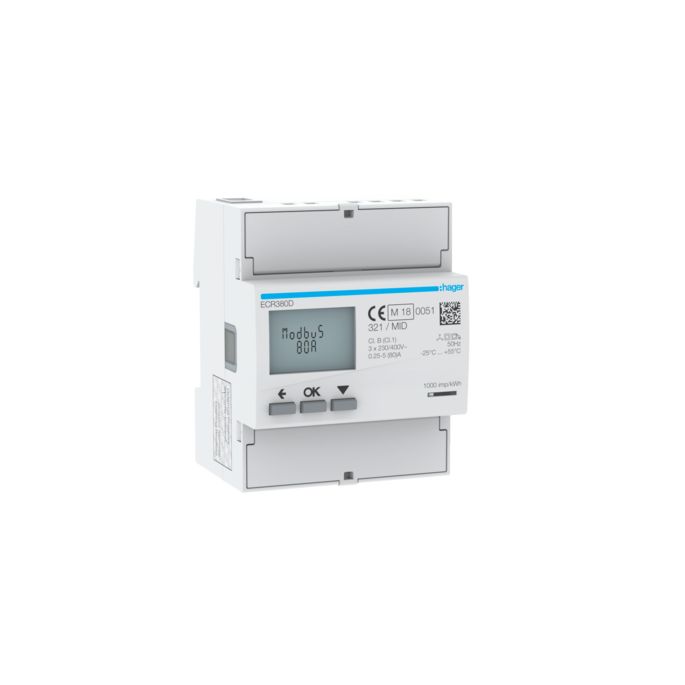 HAGER ECR380D | kWh-meter 80A, 3-fase, MID, geijkt | ECR380D