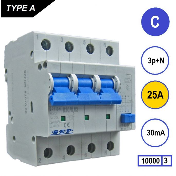 SEP aardlekautomaat / 25A, 30mA, C-kar, 3P+N / SPFI-C25