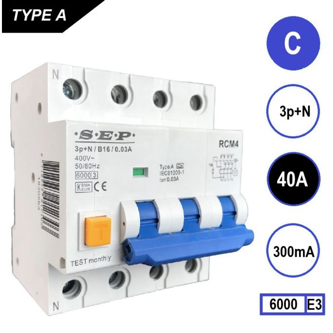 SEP aardlekautomaat / 40A, 300mA, C-kar, 3P+N / RCM4-C40.30