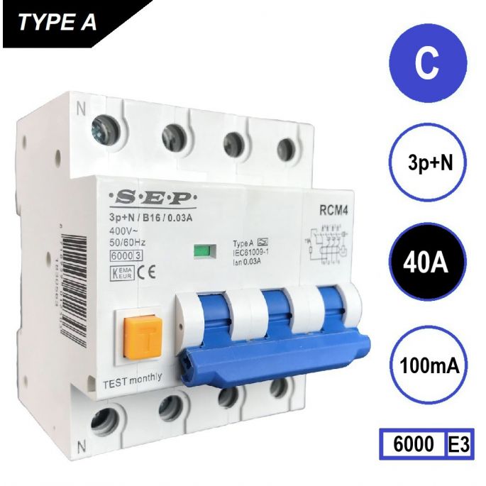 SEP aardlekautomaat / 40A, 100mA, C-kar, 3P+N / RCM4-C40.10