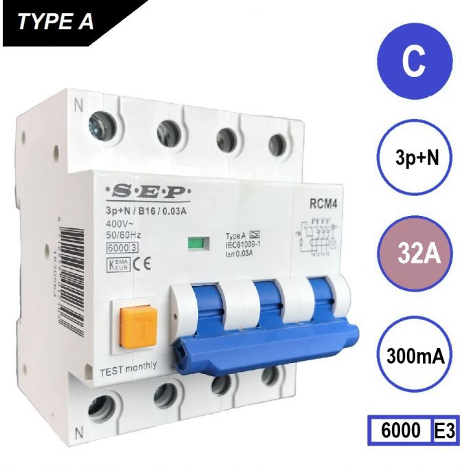 SEP aardlekautomaat / 32A, 300mA, C-kar, 3P+N / RCM4-C32.30