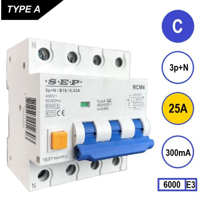 SEP aardlekautomaat / 25A, 300mA, C-kar, 3P+N / RCM4-C25.30