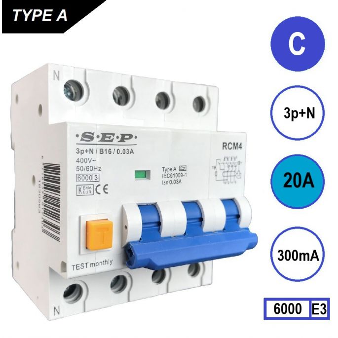 SEP aardlekautomaat / 20A, 300mA, C-kar, 3P+N / RCM4-C20.30