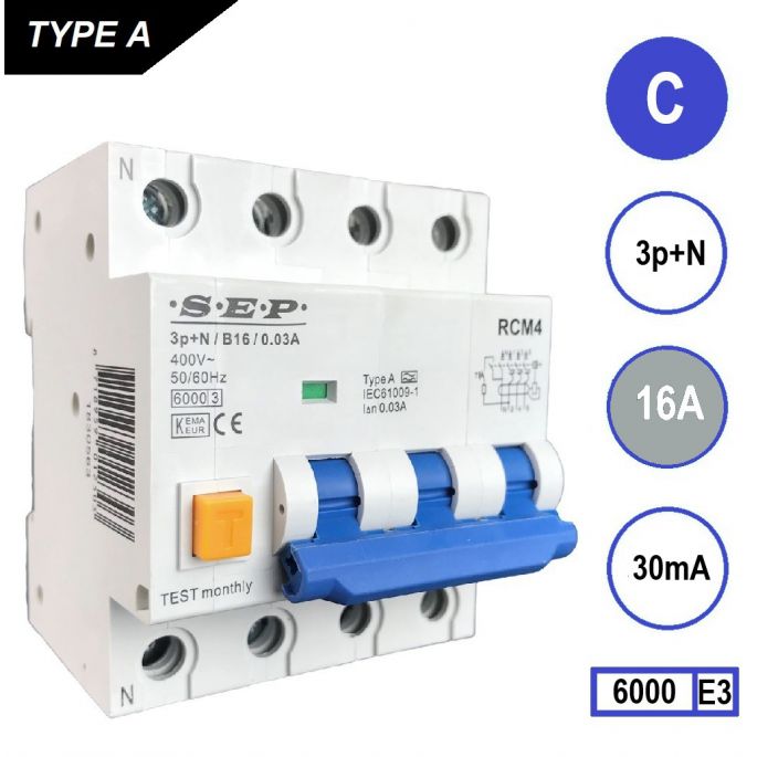 SEP aardlekautomaat / 16A, 30mA, C-kar, 3P+N / RCM4-C16.03