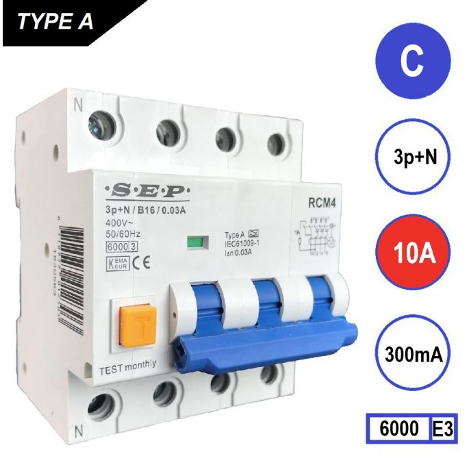 SEP aardlekautomaat / 10A, 300mA, C-kar, 3P+N / RCM4-C10.30