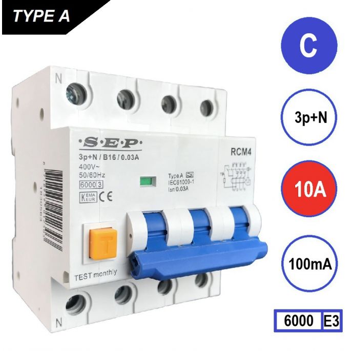 SEP aardlekautomaat / 10A, 100mA, C-kar, 3P+N / RCM4-C10.10