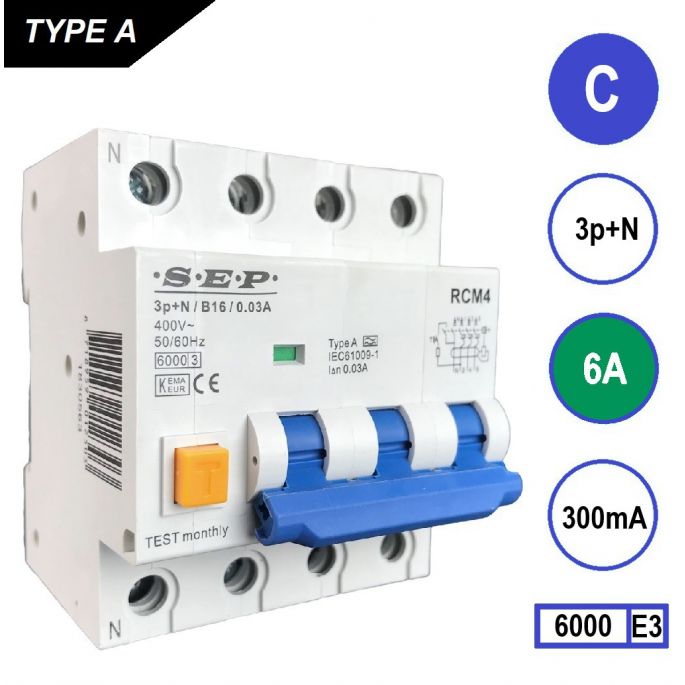 SEP aardlekautomaat / 6A, 300mA, C-kar, 3P+N / RCM4-C06.30