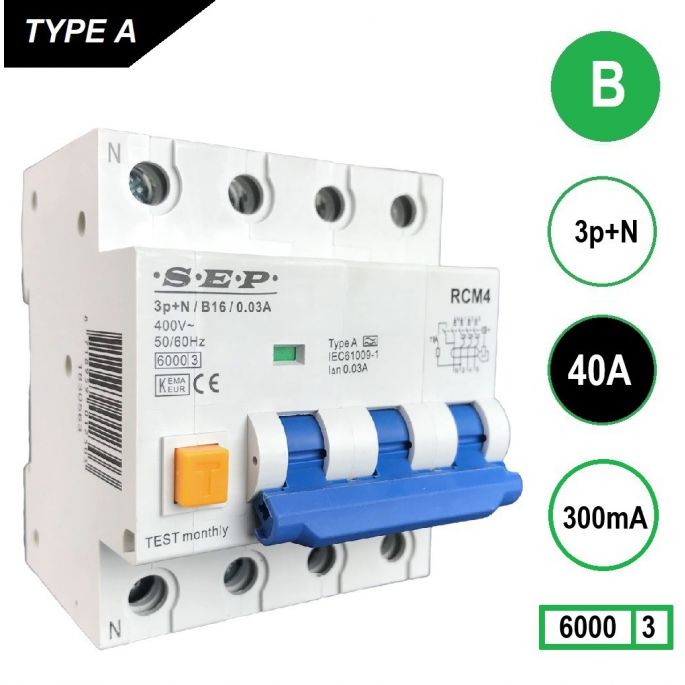 SEP aardlekautomaat / 40A, 300mA, B-kar, 3P+N / RCM4-B40.30