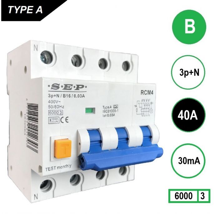 SEP aardlekautomaat / 40A, 30mA, B-kar, 3P+N / RCM4-B40.03