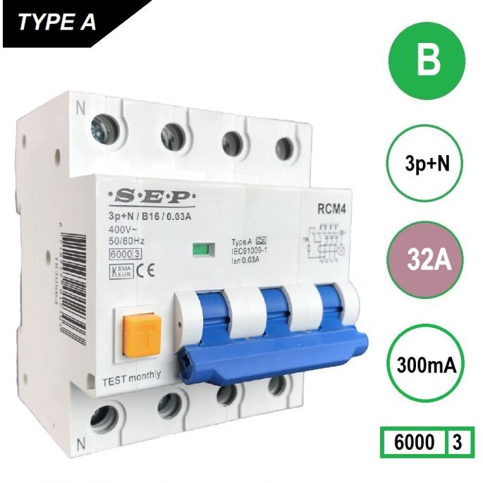 SEP aardlekautomaat / 32A, 300mA, B-kar, 3P+N / RCM4-B32.30