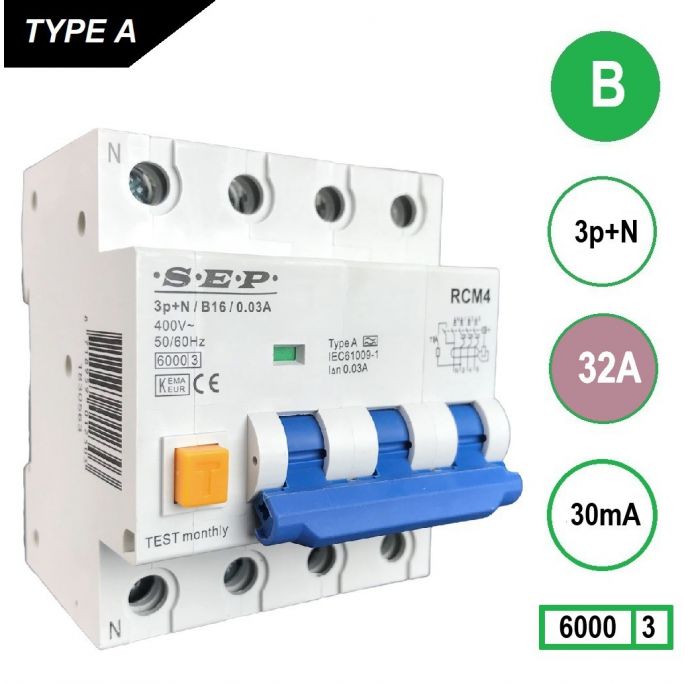 SEP aardlekautomaat / 32A, 30mA, B-kar, 3P+N / RCM4-B32.03