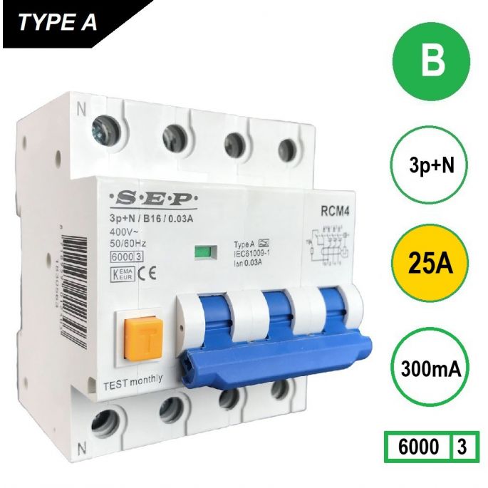 SEP aardlekautomaat / 25A, 300mA, B-kar, 3P+N / RCM4-B25.30