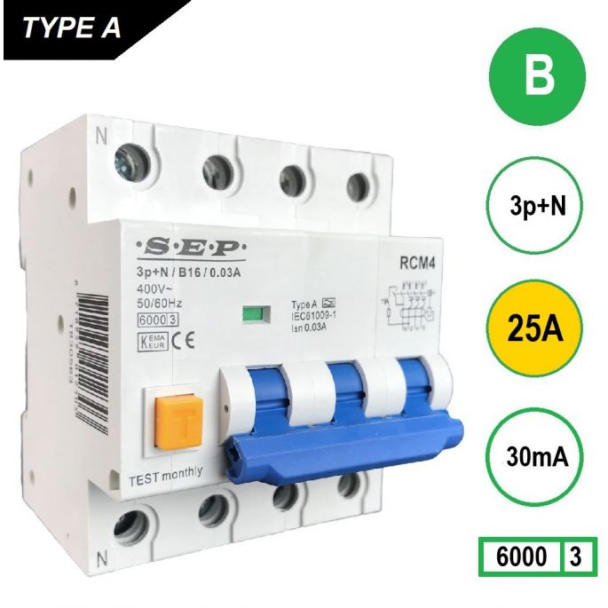 SEP aardlekautomaat / 25A, 30mA, B-kar, 3P+N / RCM4-B25.03