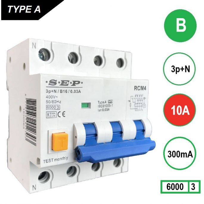 SEP aardlekautomaat / 10A, 300mA, B-kar, 3P+N / RCM4-B10.30