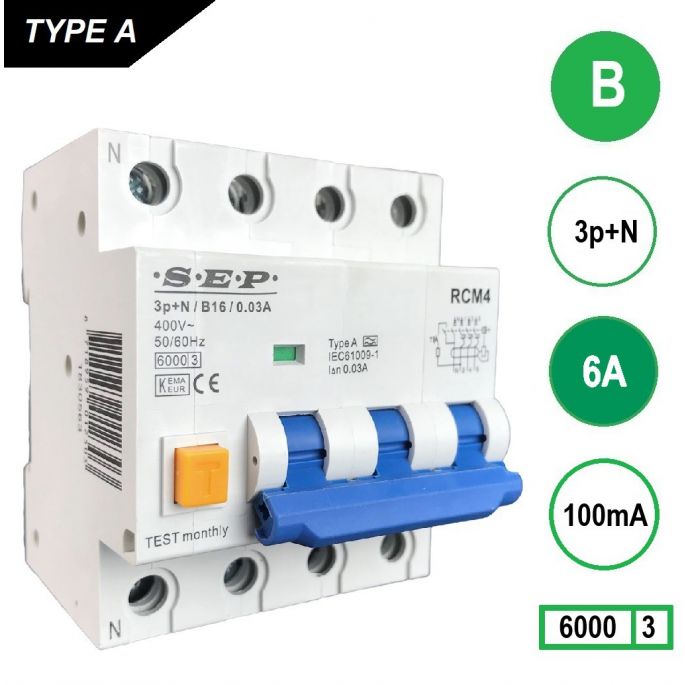 SEP aardlekautomaat / 6A, 100mA, B-kar, 3P+N / RCM4-B06.10