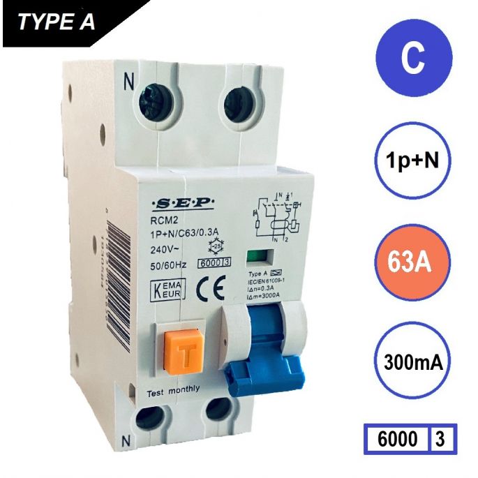 SEP aardlekautomaat / 63A, 300mA, C-kar, 1P+N / RCM2-C63.30