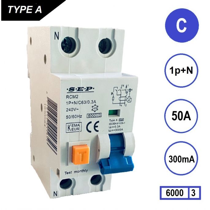 SEP aardlekautomaat / 50A, 300mA, C-kar, 1P+N / RCM2-C50.30