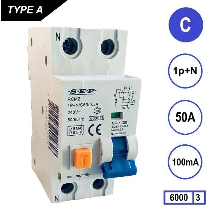 SEP aardlekautomaat / 50A, 100mA, C-kar, 1P+N / RCM2-C50.10