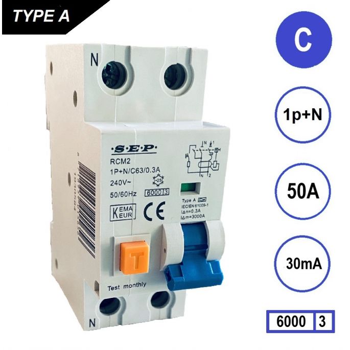 SEP aardlekautomaat / 50A, 30mA, C-kar, 1P+N / RCM2-C50.03