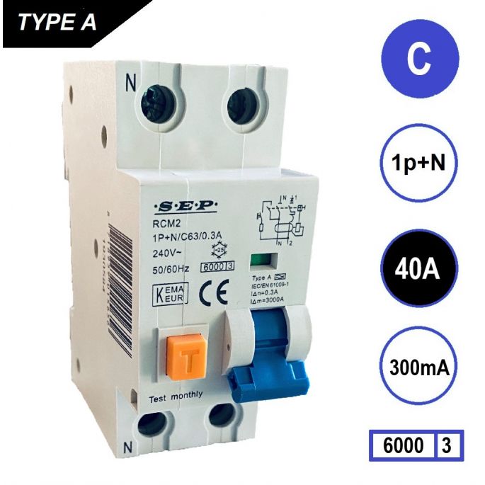 SEP aardlekautomaat / 40A, 300mA, C-kar, 1P+N / RCM2-C40.30