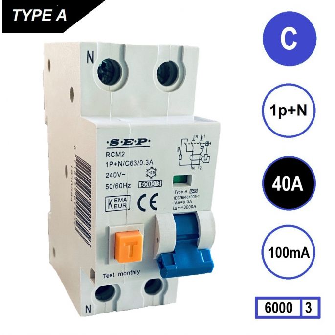 SEP aardlekautomaat / 40A, 100mA, C-kar, 1P+N / RCM2-C40.10