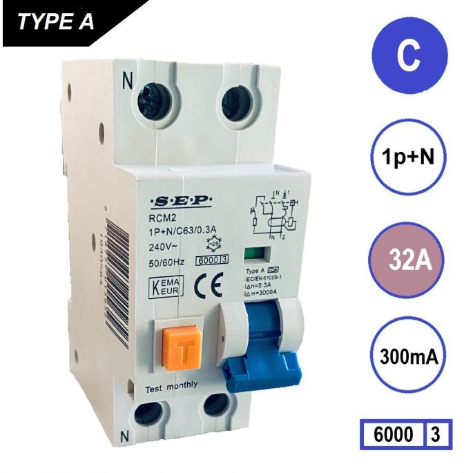 SEP aardlekautomaat / 32A, 300mA, C-kar, 1P+N / RCM2-C32.30