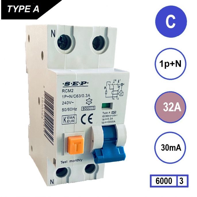 SEP aardlekautomaat / 32A, 30mA, C-kar, 1P+N / RCM2-C32.03