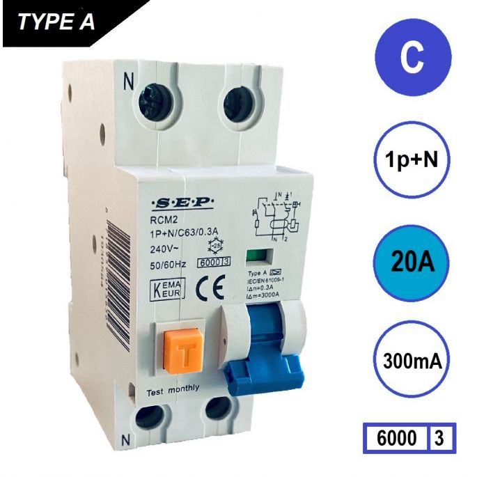 SEP aardlekautomaat / 20A, 300mA, C-kar, 1P+N / RCM2-C20.30