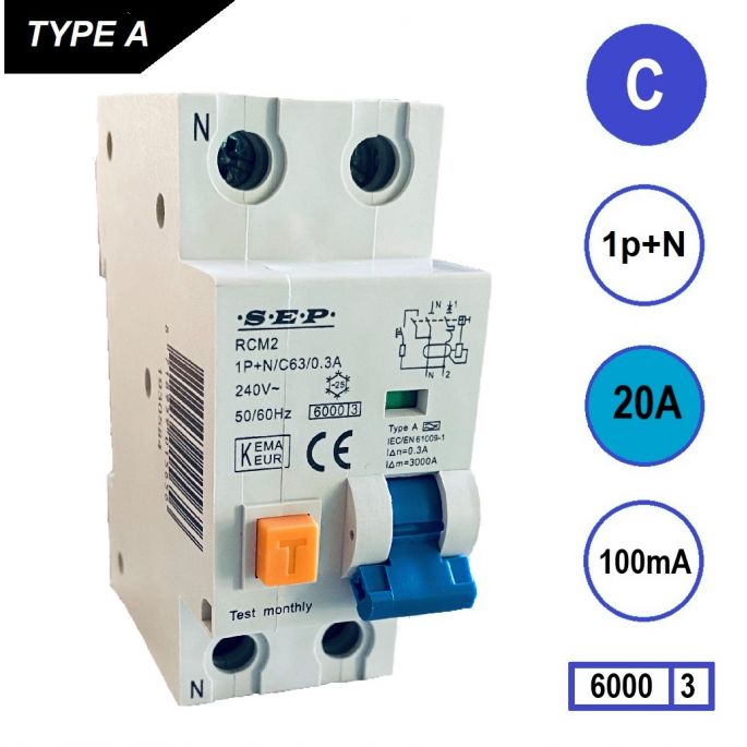 SEP aardlekautomaat / 20A, 100mA, C-kar, 1P+N / RCM2-C20.10