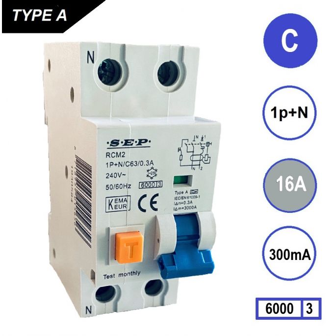 SEP aardlekautomaat / 16A, 300mA, C-kar, 1P+N / RCM2-C16.30