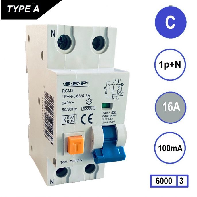 SEP aardlekautomaat / 16A, 100mA, C-kar, 1P+N / RCM2-C16.10