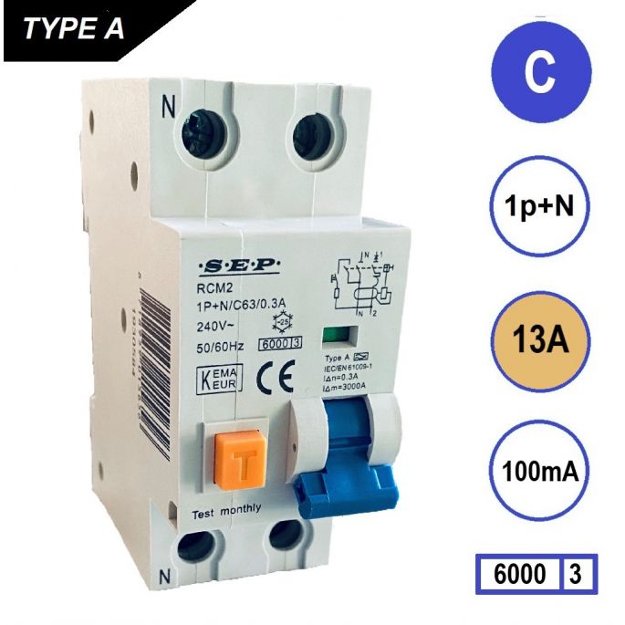 SEP aardlekautomaat / 13A, 100mA, C-kar, 1P+N / RCM2-C13.10