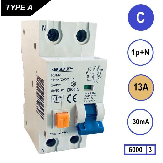 SEP aardlekautomaat / 13A, 30mA, C-kar, 1P+N / RCM2-C13.03