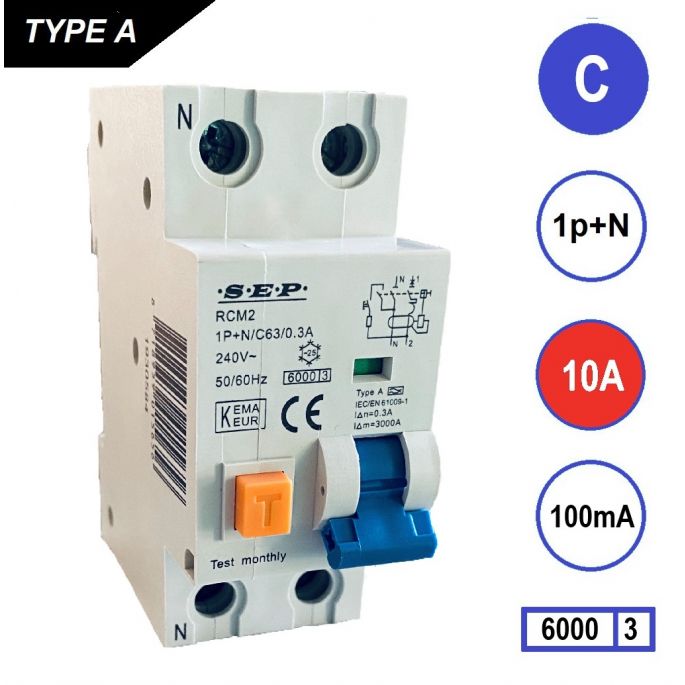 SEP aardlekautomaat / 10A, 100mA, C-kar, 1P+N / RCM2-C10.10